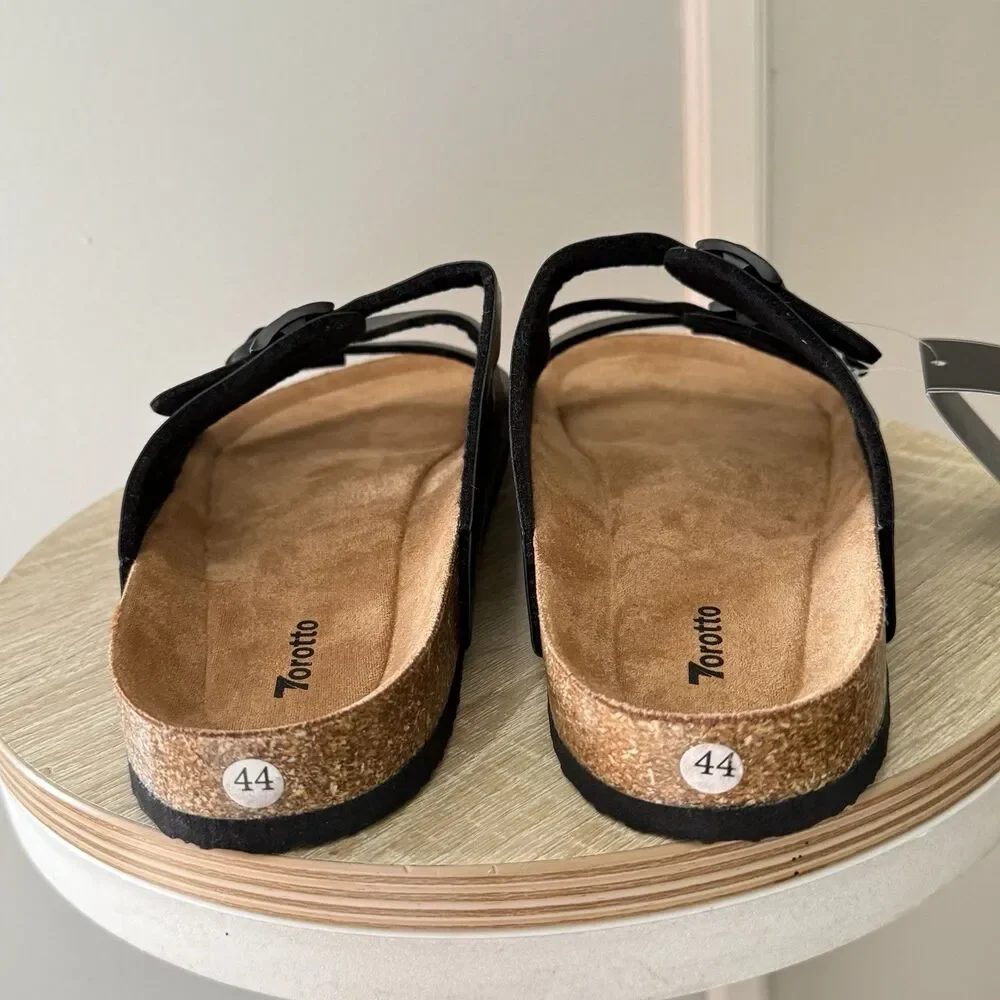NWT Torotto Mens Slides with Cork Footbed Open Toe Flat Sandals,Black, Size 44
